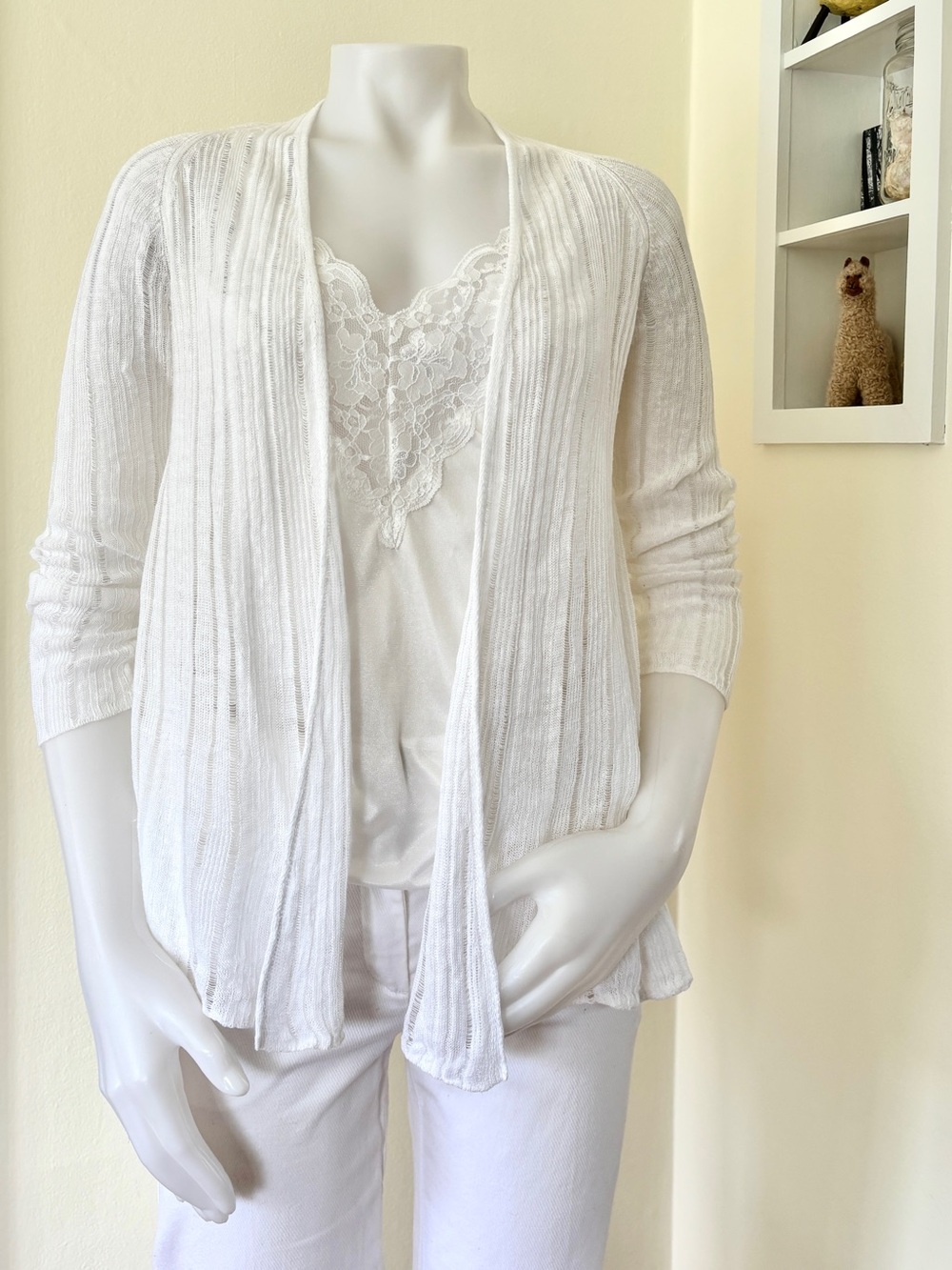 Tahari 100% linen white knit lightweight open front 3/4 sleeve cardigan coastal